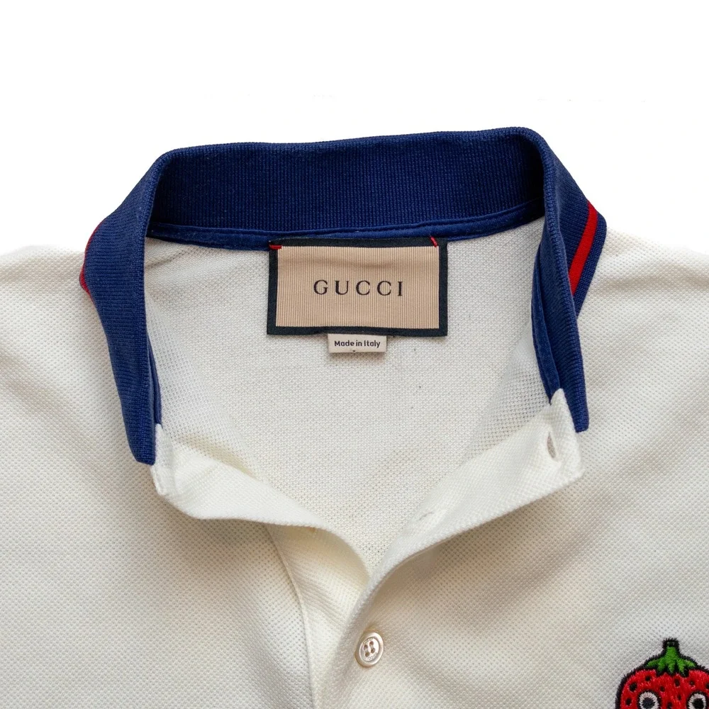 Gucci Mens Strawberry Embroidered Polo Shirt Off-White Cream Size S